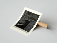 Rolled Man dragging woman toward water poster beside its crush-resistant kraft shipping tube