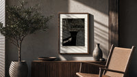 Man dragging woman toward water poster framed above a fluted sideboard beside an olive tree