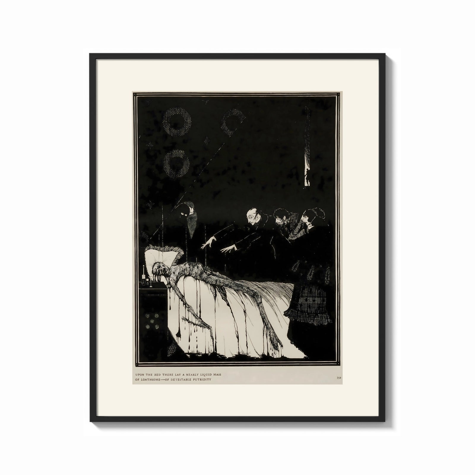 Framed Decaying corpse on bed with figures print shown as a bold statement piece on a clean gallery wall