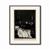 Framed Decaying corpse on bed with figures print shown as a bold statement piece on a clean gallery wall