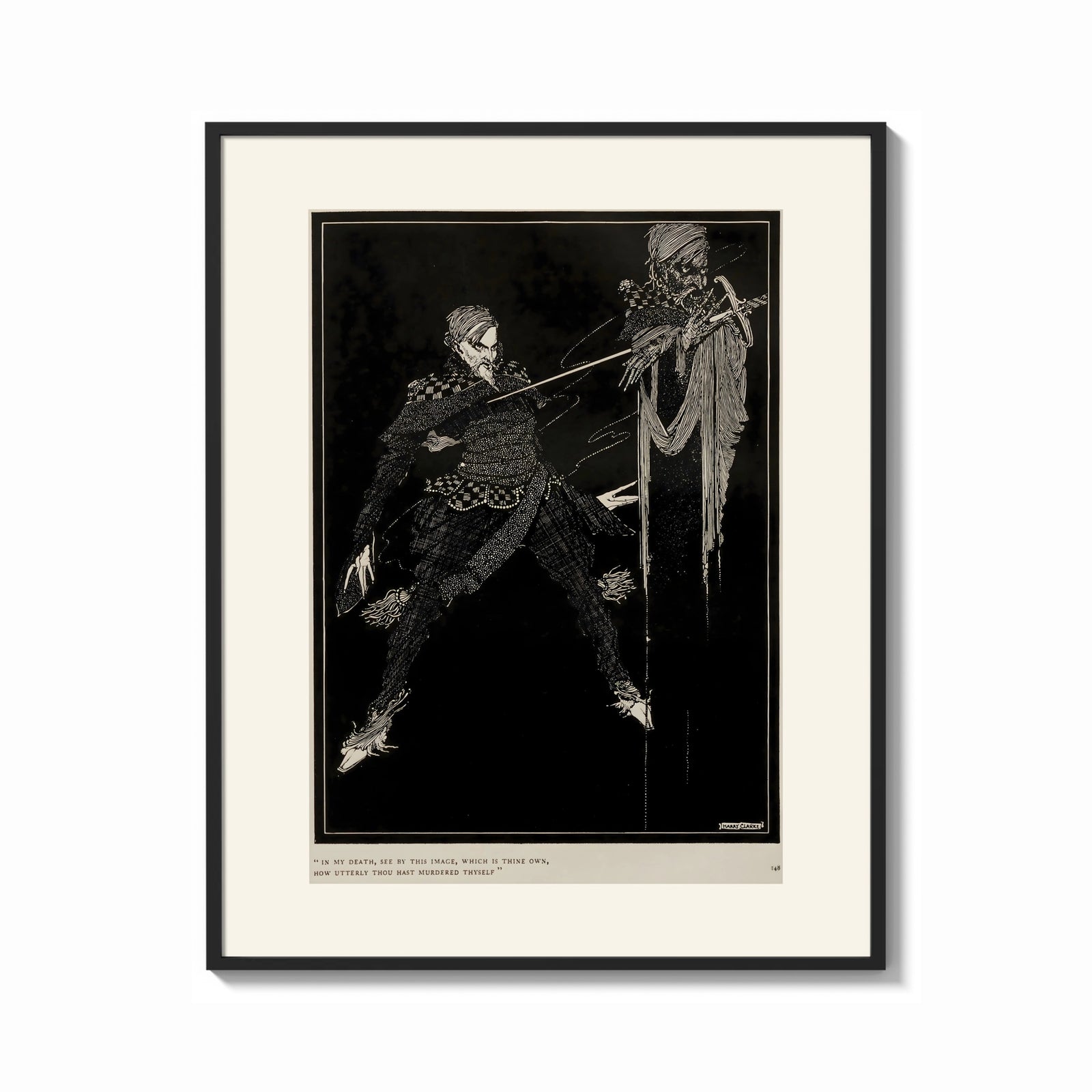 Framed Two men in a sword duel print shown as a bold statement piece on a clean gallery wall
