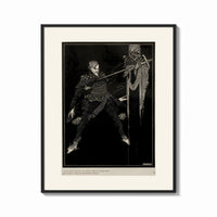 Framed Two men in a sword duel print shown as a bold statement piece on a clean gallery wall