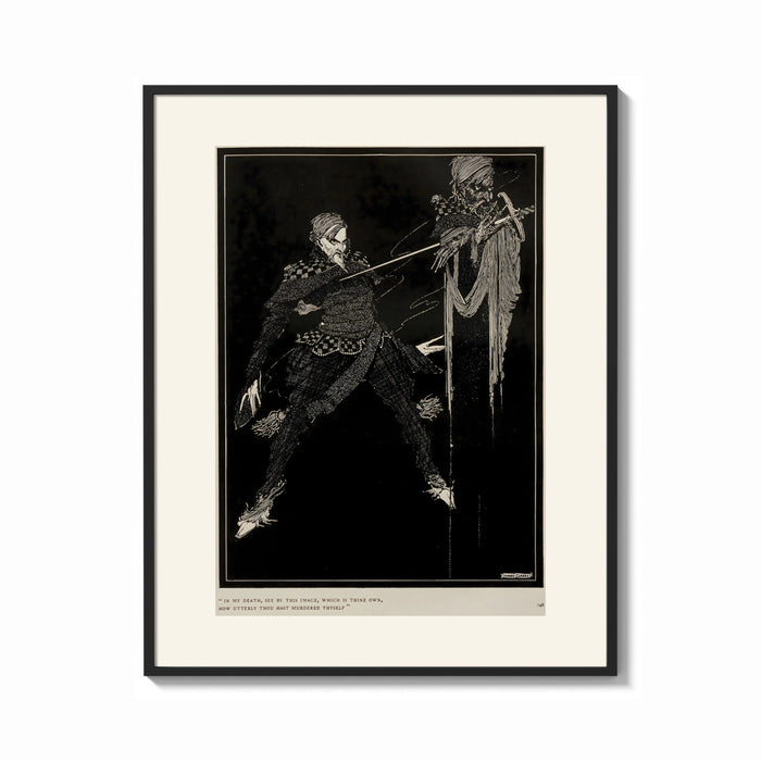 Framed Two men in a sword duel print shown as a bold statement piece on a clean gallery wall