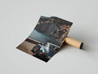 White Porsche 911 overlooking a turquoise Mediterranean bay in a painterly illustrated style