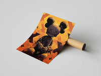 Close-up of a KAWS figure cradling a smaller companion against a warm orange LV-patterned backdrop