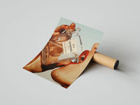 Hand with red nail polish holding a Chanel No. 5 bottle beside a partly unrolled print and tube