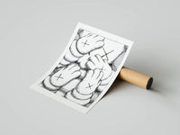 Close-up of a KAWS crosshatch glove illustration rendered in fine black ink strokes