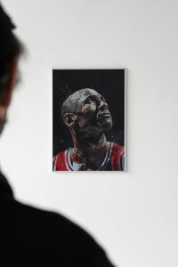 Close-up of the Michael Jordan Legacy print showing red jersey detail and textured brushstrokes