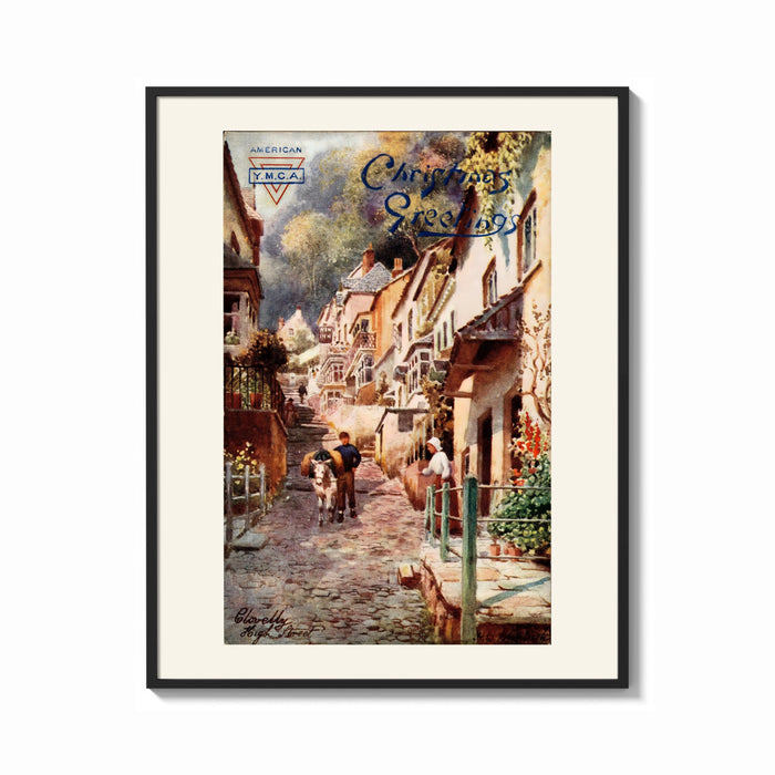 Framed Cobbled village street with boy and donkey print shown as a bold statement piece on a clean gallery wall