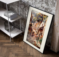 Cobbled village street with boy and donkey poster in a black frame leaning beside a shelf in a raw-plaster loft