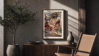 Cobbled village street with boy and donkey poster framed above a fluted sideboard beside an olive tree