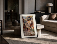 Cobbled village street with boy and donkey print in a black frame leaning on a travertine table in a sunlit lounge