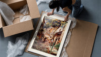 Cobbled village street with boy and donkey framed print being unpacked from protective bubble wrap and a box