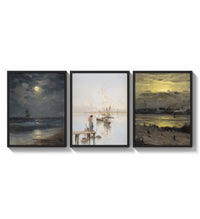 Coastal seascapes with sailing ships three-panel set arranged as a triptych on a bright gallery wall