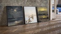 Coastal seascapes with sailing ships three-piece set leaning on parquet beside a vintage loft door