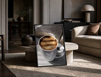 Coffee and an Open Book print on the floor, leaning against a travertine table