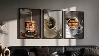 Coffee Cup Set of 3 in black frames on a grey wall above a leather sofa