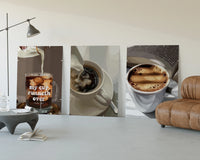 Coffee Cup Set of 3 displayed beside a brown leather sofa