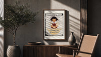 Smiling person washing hands in basin poster framed above a fluted sideboard beside an olive tree