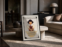 Smiling person washing hands in basin print in a black frame leaning on a travertine table in a sunlit lounge