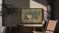 Collie A Happy Christmas print in a walnut frame above a fluted sideboard and cane chair