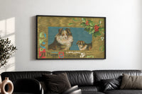 Collie A Happy Christmas print in a black frame above a black leather sofa on a white wall