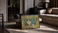 Collie A Happy Christmas print in a black frame leaning on a rug beside a beige sofa
