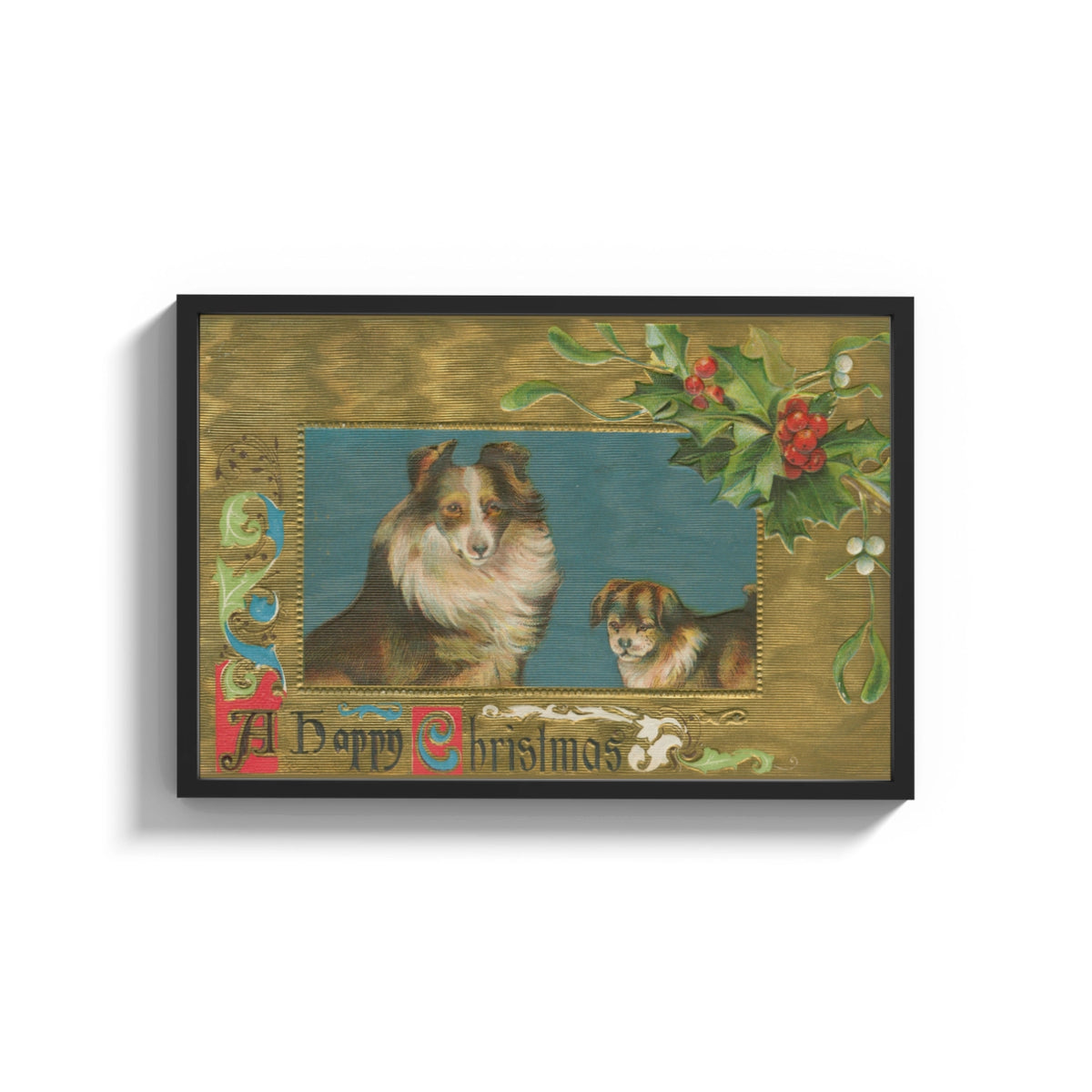 Framed Collie A Happy Christmas print shown as a wide statement piece on a clean white wall
