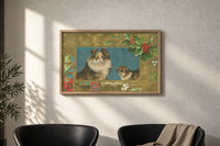 Collie A Happy Christmas print in an oak frame on a sunlit wall above two leather armchairs