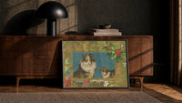 Collie A Happy Christmas print in a black frame leaning against a walnut sideboard