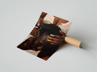 Gently curled Combing Hair with Painted Nails print beside its protective shipping tube