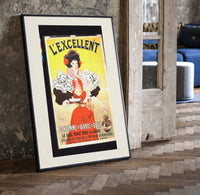 Woman serving consomme with tray print in a black frame leaning beside a vintage door on parquet