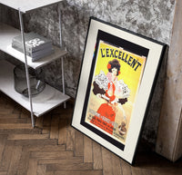 Woman serving consomme with tray poster in a black frame leaning beside a shelf in a raw-plaster loft