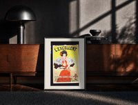 Black-framed Woman serving consomme with tray print on a moody console with designer coffee-table books