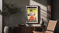 Woman serving consomme with tray poster framed above a fluted sideboard beside an olive tree