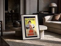 Woman serving consomme with tray print in a black frame leaning on a travertine table in a sunlit lounge