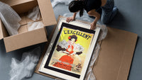 Woman serving consomme with tray framed print being unpacked from protective bubble wrap and a box