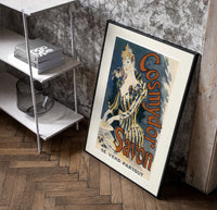 Woman washing hands in basin poster in a black frame leaning beside a shelf in a raw-plaster loft