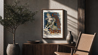 Woman washing hands in basin poster framed above a fluted sideboard beside an olive tree