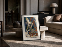 Woman washing hands in basin print in a black frame leaning on a travertine table in a sunlit lounge