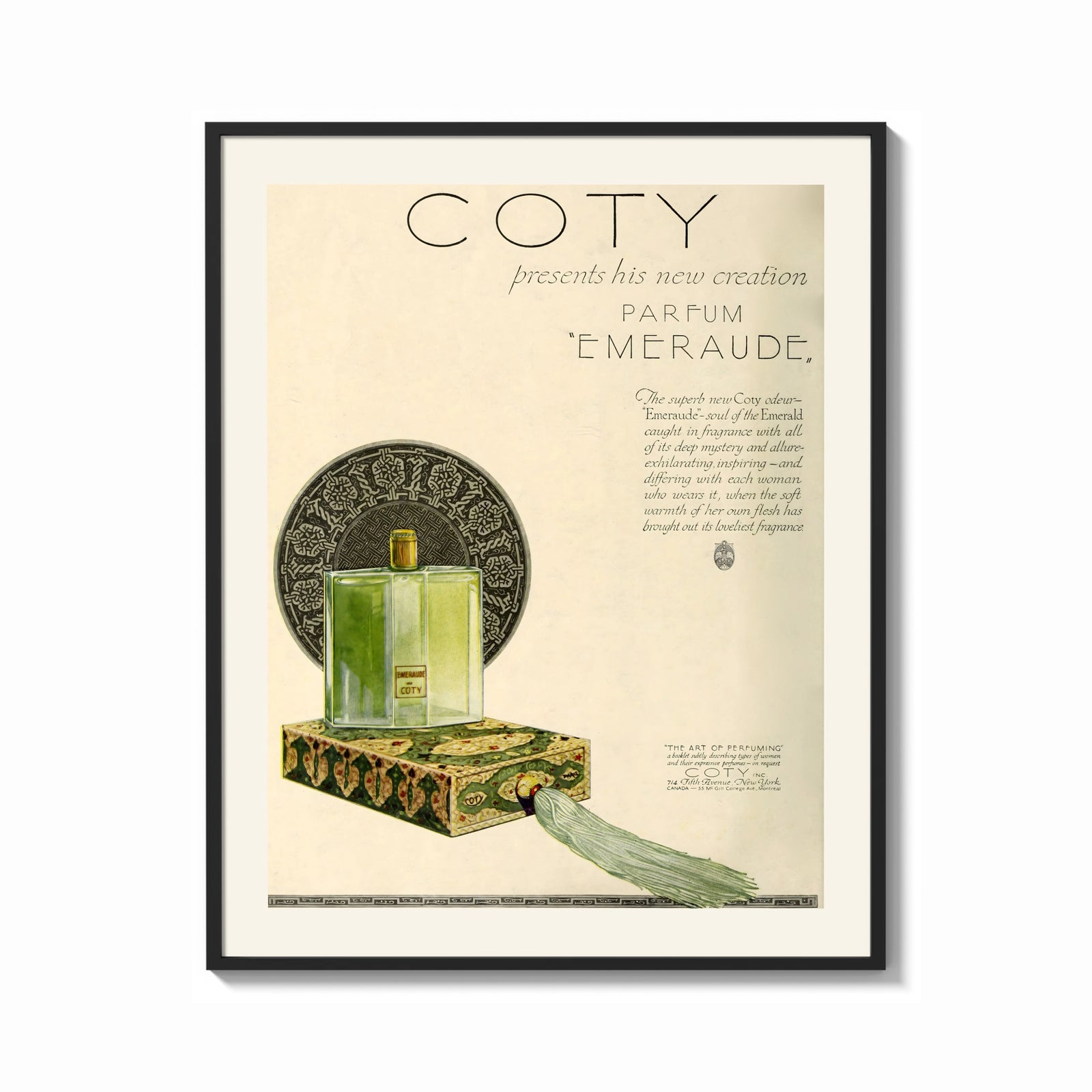 Framed Green perfume bottle on box print shown as a bold statement piece on a clean gallery wall
