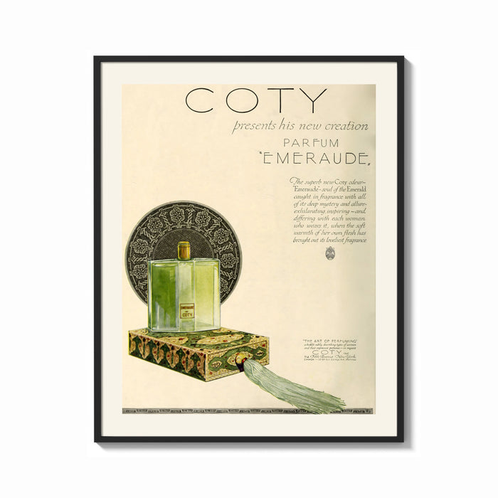 Framed Green perfume bottle on box print shown as a bold statement piece on a clean gallery wall