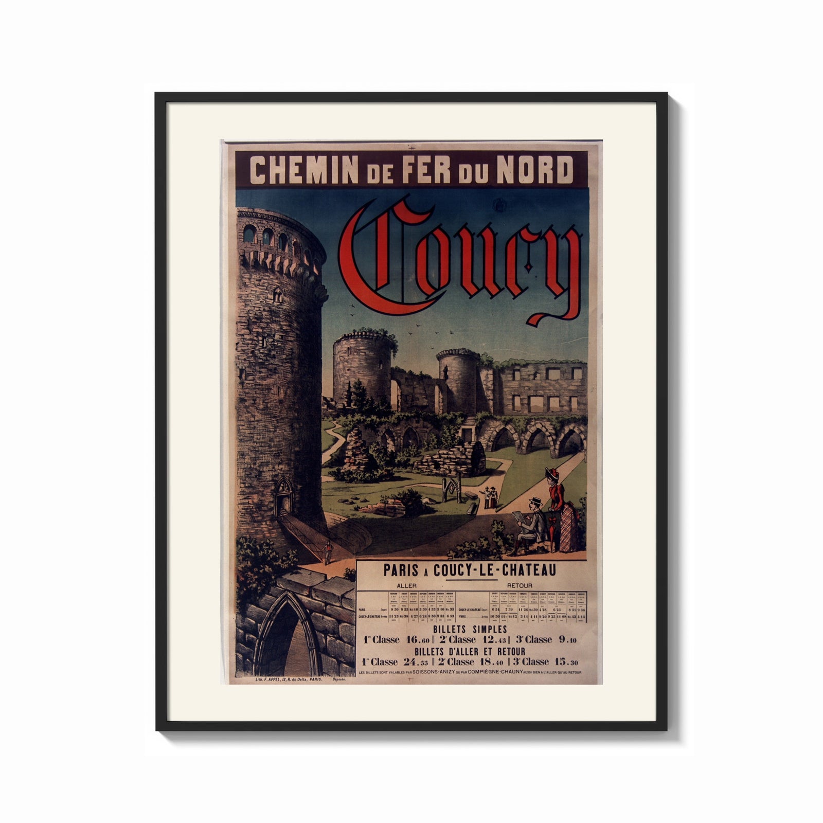 Framed medieval castle ruins with tower print shown as a bold statement piece on a clean gallery wall