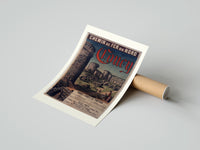 Rolled medieval castle ruins with tower poster beside its crush-resistant kraft shipping tube