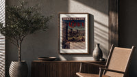 Medieval castle ruins with tower poster framed above a fluted sideboard beside an olive tree