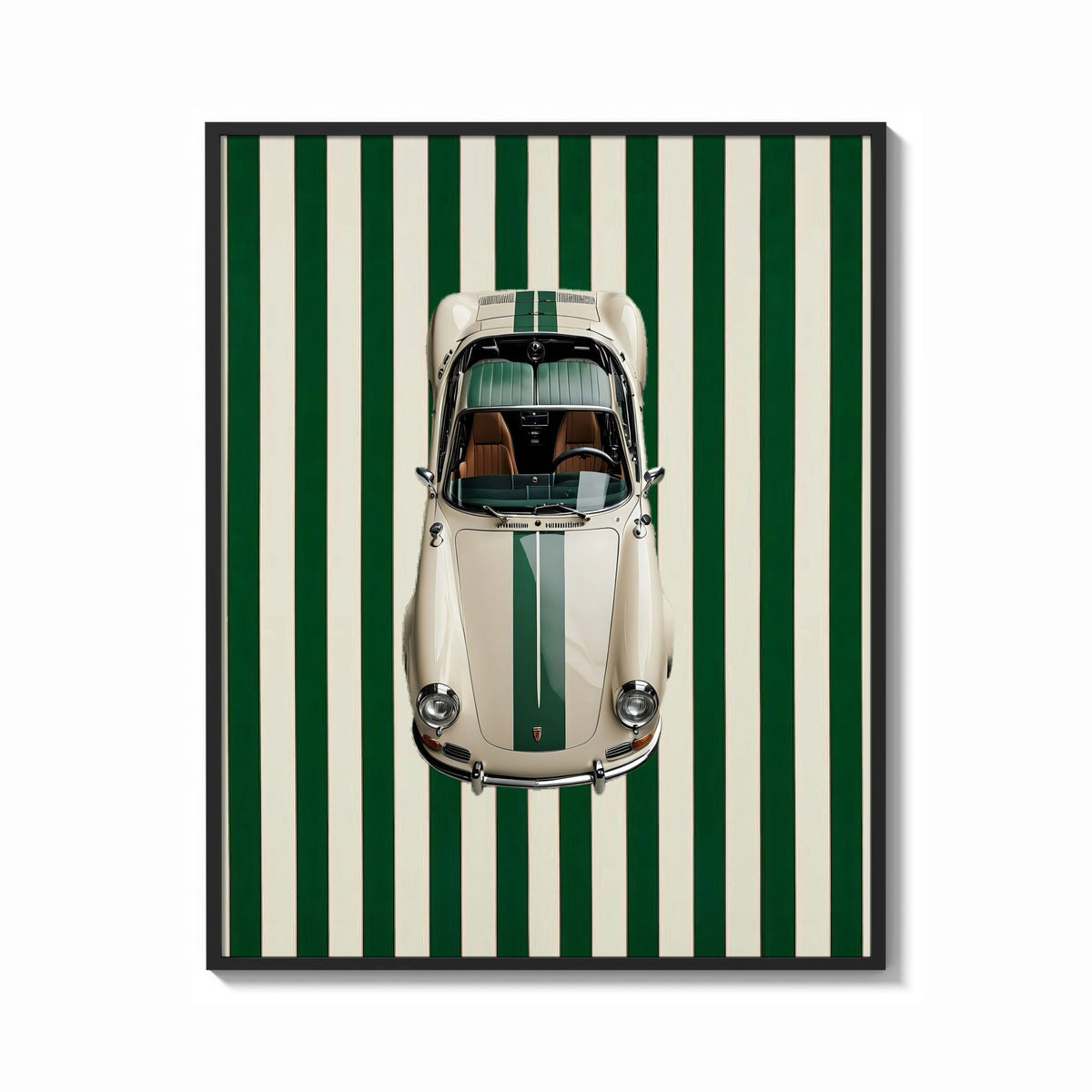 Framed 911 Targa Racing Stripes print shown as a bold statement piece on a clean gallery wall