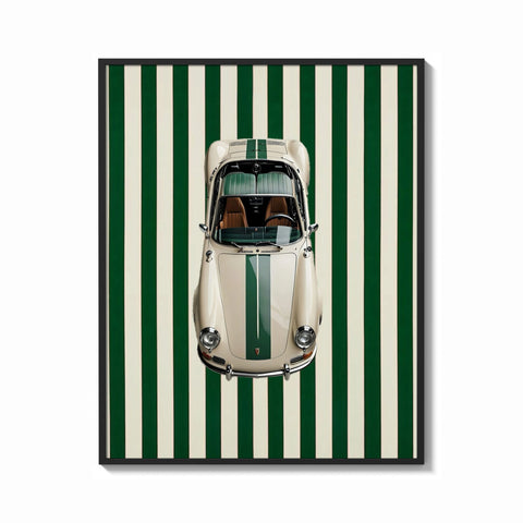 Framed 911 Targa Racing Stripes print shown as a bold statement piece on a clean gallery wall