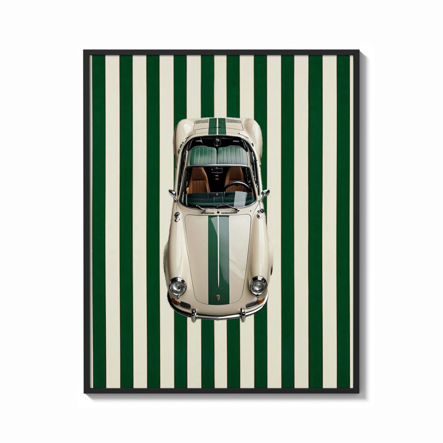 Framed 911 Targa Racing Stripes print shown as a bold statement piece on a clean gallery wall
