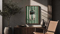 911 Targa Racing Stripes poster framed above a fluted sideboard beside a potted tree