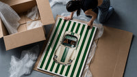 911 Targa Racing Stripes framed print being unpacked from protective bubble wrap and a box